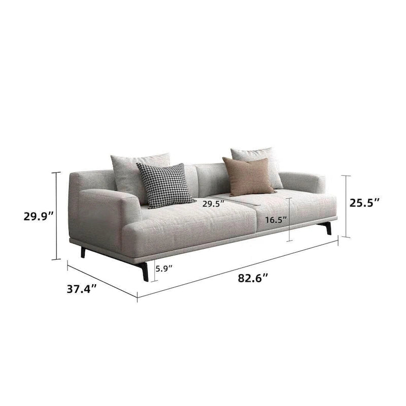 Divano dritto in tessuto beige con braccioli squadrati