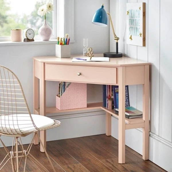 Kompakter Eckschreibtisch mit Schublade und Regalböden für das Homeoffice