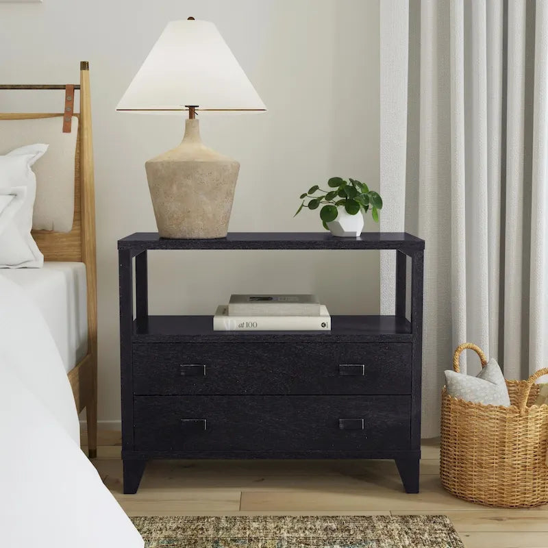 Χειροποίητο ξύλινο κομοδίνο με 2 συρτάρια και ανοιχτό ράφι