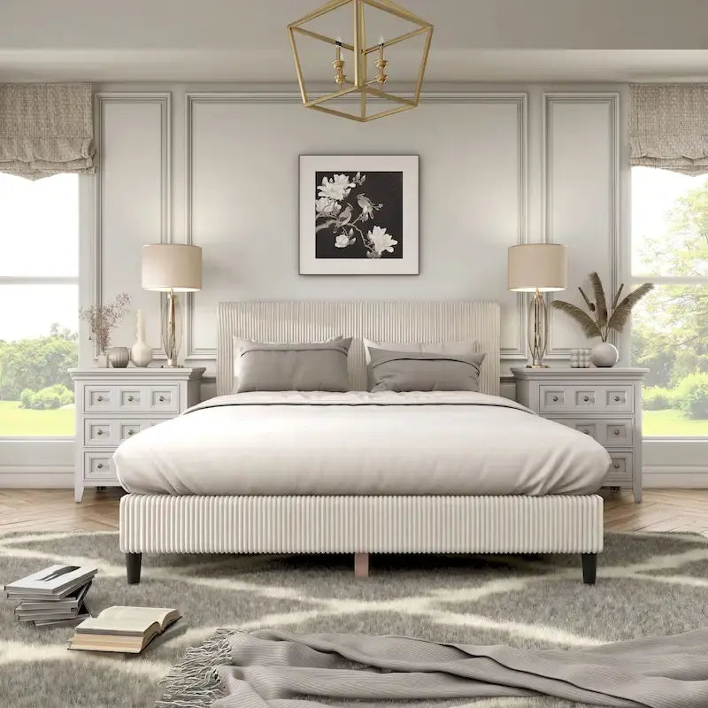 Modernes Plattformbett aus Cordstoff in Queen-Size, kein Lattenrost erforderlich