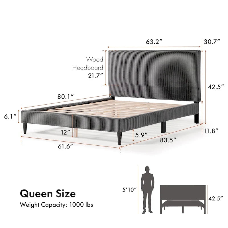 Modernes Plattformbett aus Cordstoff in Queen-Size, kein Lattenrost erforderlich