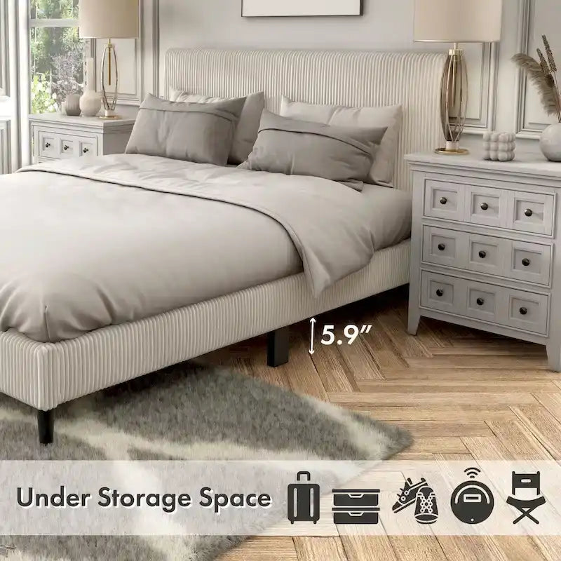 Modernes Plattformbett aus Cordstoff in Queen-Size, kein Lattenrost erforderlich