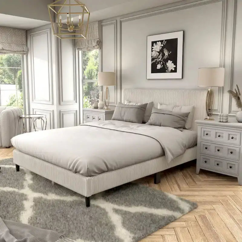 Modernes Plattformbett aus Cordstoff in Queen-Size, kein Lattenrost erforderlich