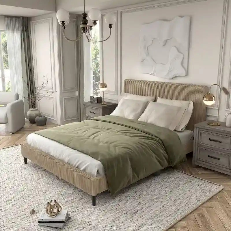 Modernes Plattformbett aus Cordstoff in Queen-Size, kein Lattenrost erforderlich