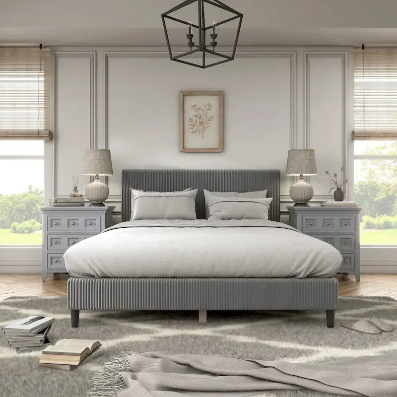 Modernes Plattformbett aus Cordstoff in Queen-Size, kein Lattenrost erforderlich
