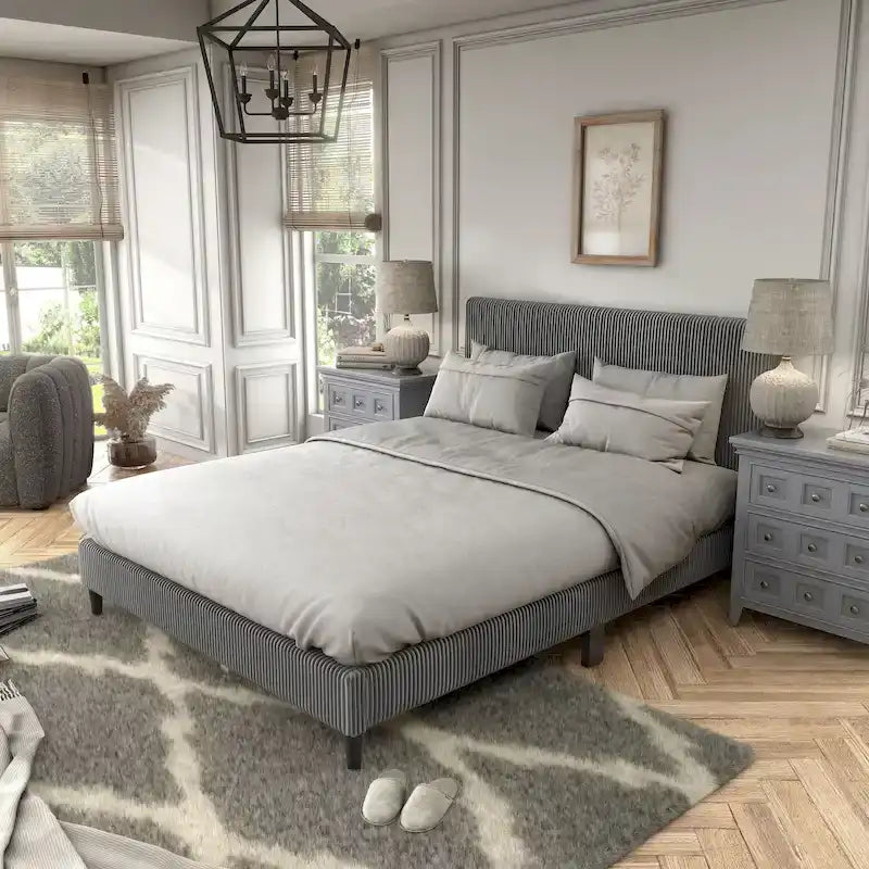 Modernes Plattformbett aus Cordstoff in Queen-Size, kein Lattenrost erforderlich