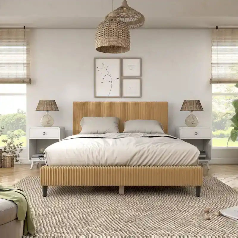 Modernes Plattformbett aus Cordstoff in Queen-Size, kein Lattenrost erforderlich