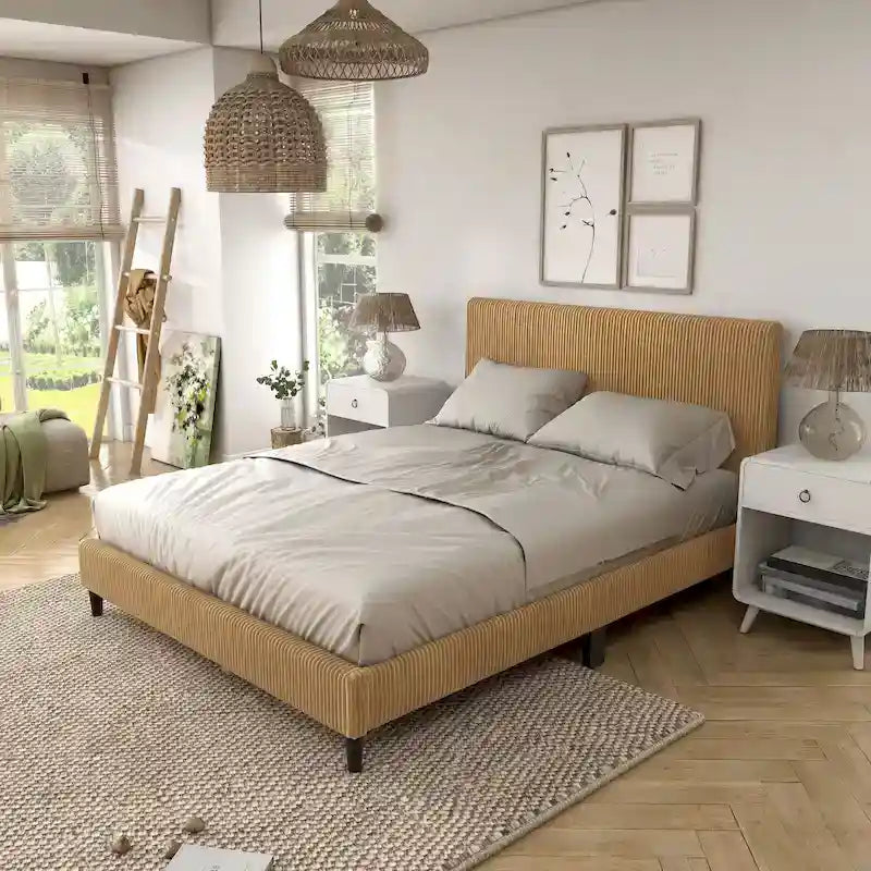 Modernes Plattformbett aus Cordstoff in Queen-Size, kein Lattenrost erforderlich