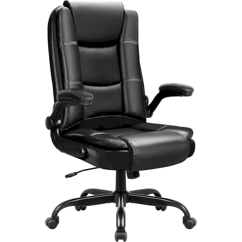 Ergonomischer Bürostuhl für große und kräftige Personen mit hoher Rückenlehne, höhenverstellbarer Leder-Chefsessel mit gepolsterten hochklappbaren Armlehnen