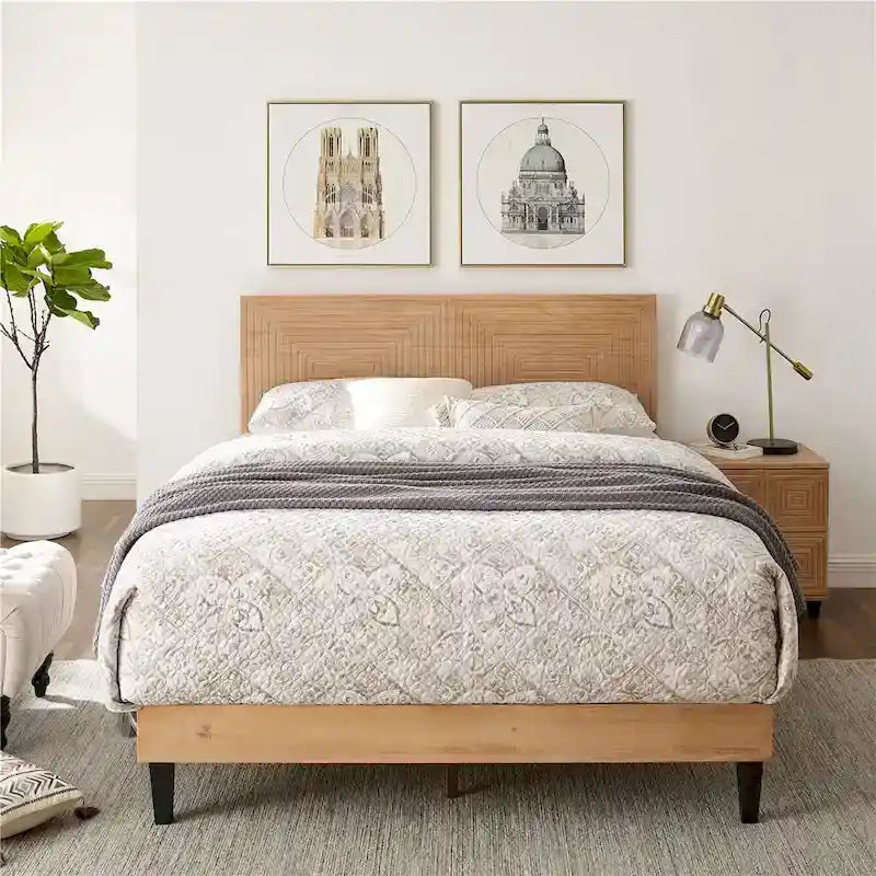 MUSEHOMEINC Mid Century Modern Solid Wood Platform Bed,Bed Frame with Adjustable Height Headboard,No Box Spring Needed