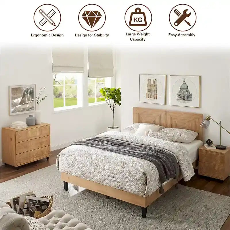 Massivholz-Bettgestell im Mid-Century-Modern-Stil mit verstellbarem Kopfteil, kein Lattenrost erforderlich