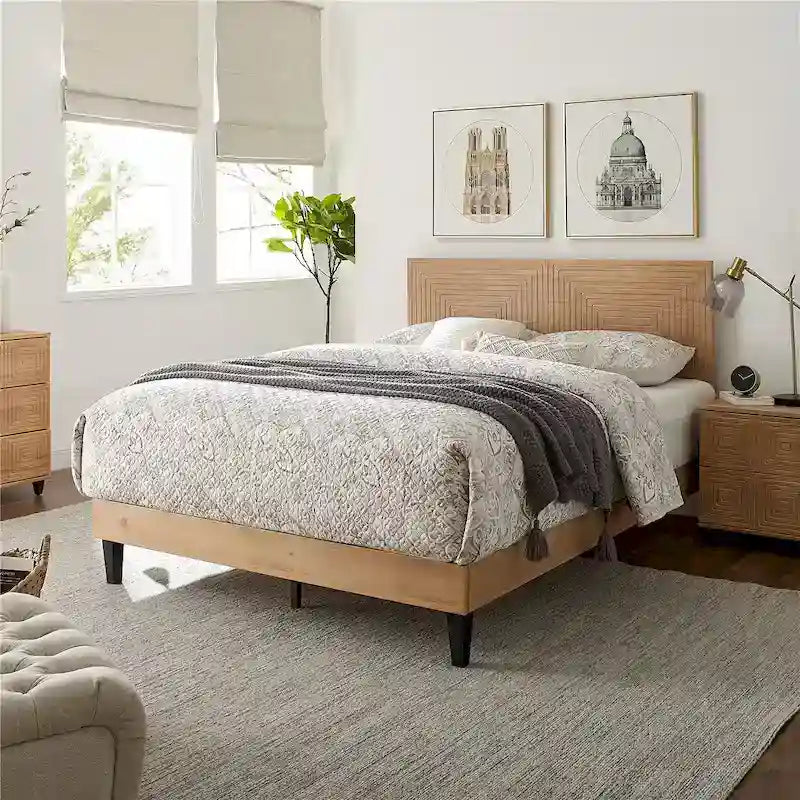 Massivholz-Bettgestell im Mid-Century-Modern-Stil mit verstellbarem Kopfteil, kein Lattenrost erforderlich