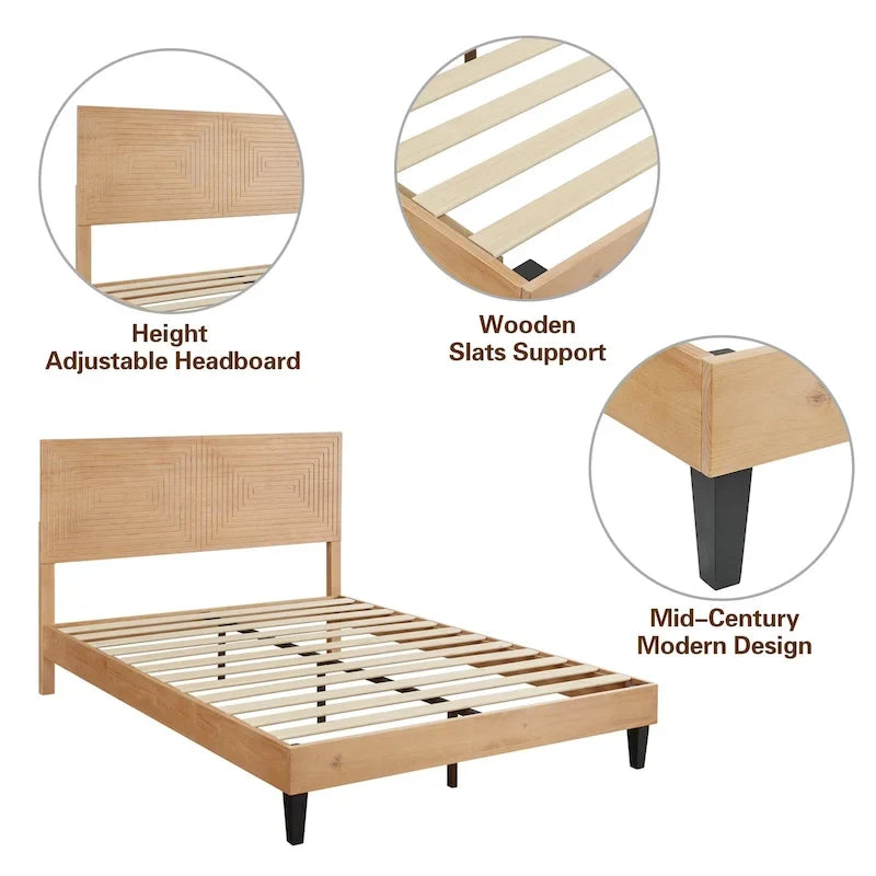Mid Century Modern Solid Wood Platform Bed Frame with Adjustable Height Headboard, No Box Spring Needed