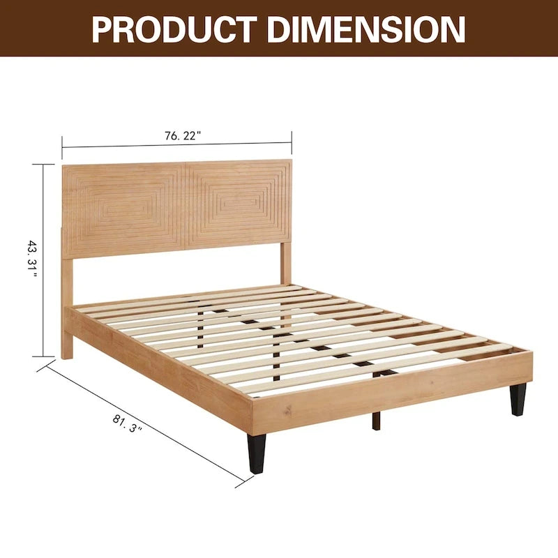 Mid Century Modern Solid Wood Platform Bed Frame with Adjustable Height Headboard, No Box Spring Needed
