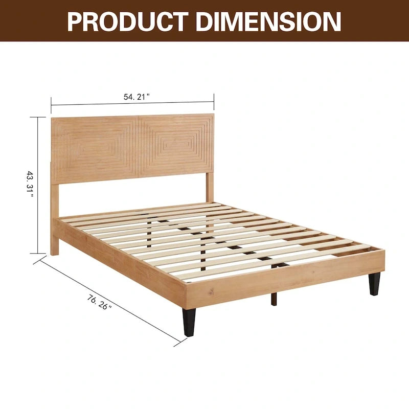 Mid Century Modern Solid Wood Platform Bed Frame with Adjustable Height Headboard, No Box Spring Needed