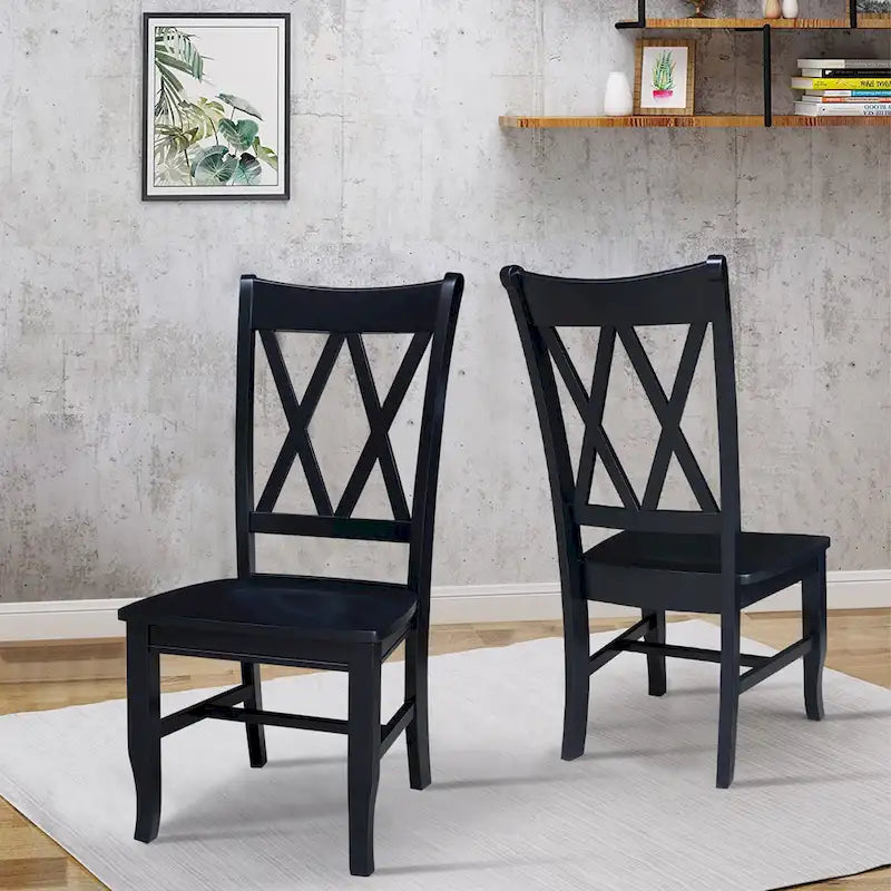 Sedie da pranzo con doppio schienale a croce in legno massello, set da 2 – gesso anticato / bianco / nero