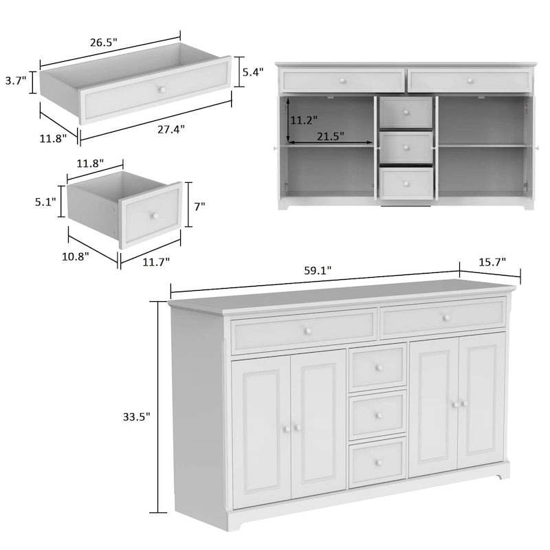 Credenza buffet laccata bianca moderna in stile metà secolo, 59.1 pollici