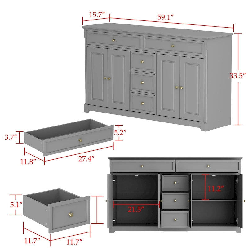 Credenza buffet laccata bianca moderna in stile metà secolo, 59.1 pollici