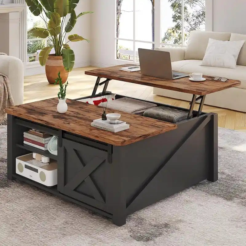 Couchtisch mit hebbarer Tischplatte, quadratischer Mitteltisch mit Scheunentür und Ablagefach