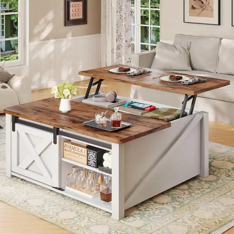 Coffee Table Lift Top Square Center Table Barn Door Storage Shelf
