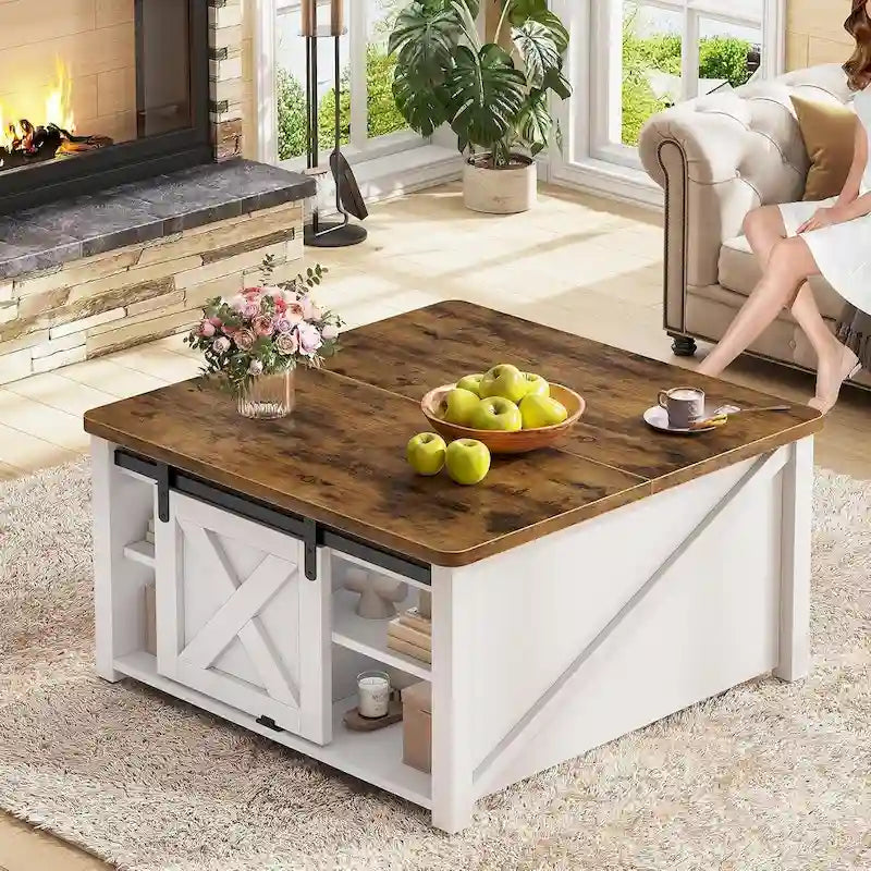 Couchtisch mit hebbarer Tischplatte, quadratischer Mitteltisch mit Scheunentür und Ablagefach