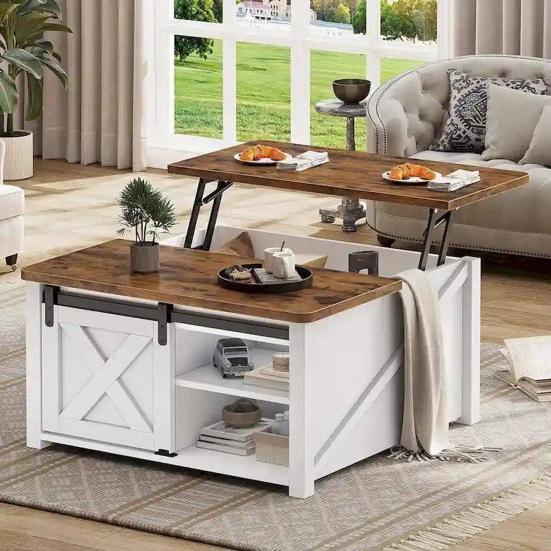Couchtisch mit hebbarer Tischplatte, quadratischer Mitteltisch mit Scheunentür und Ablagefach
