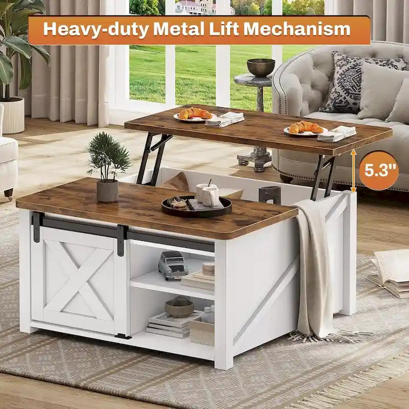 Couchtisch mit hebbarer Tischplatte, quadratischer Mitteltisch mit Scheunentür und Ablagefach
