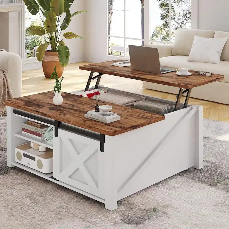 Couchtisch mit hebbarer Tischplatte, quadratischer Mitteltisch mit Scheunentür und Ablagefach