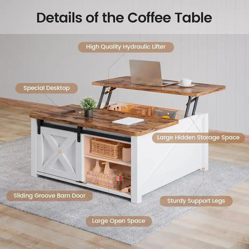 Couchtisch mit hebbarer Tischplatte, quadratischer Mitteltisch mit Scheunentür und Ablagefach
