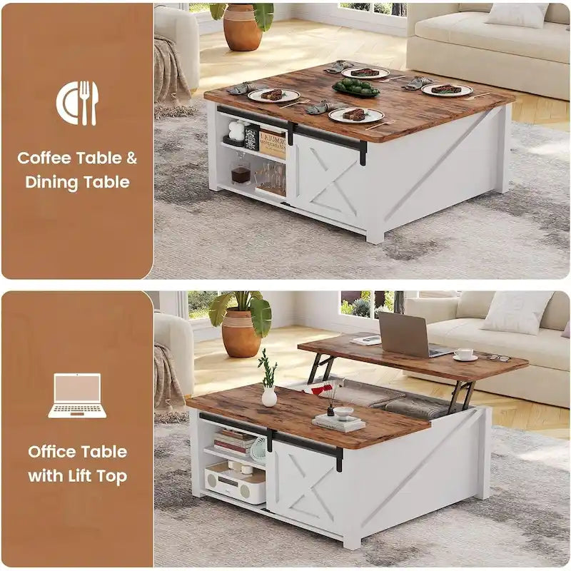 Couchtisch mit hebbarer Tischplatte, quadratischer Mitteltisch mit Scheunentür und Ablagefach