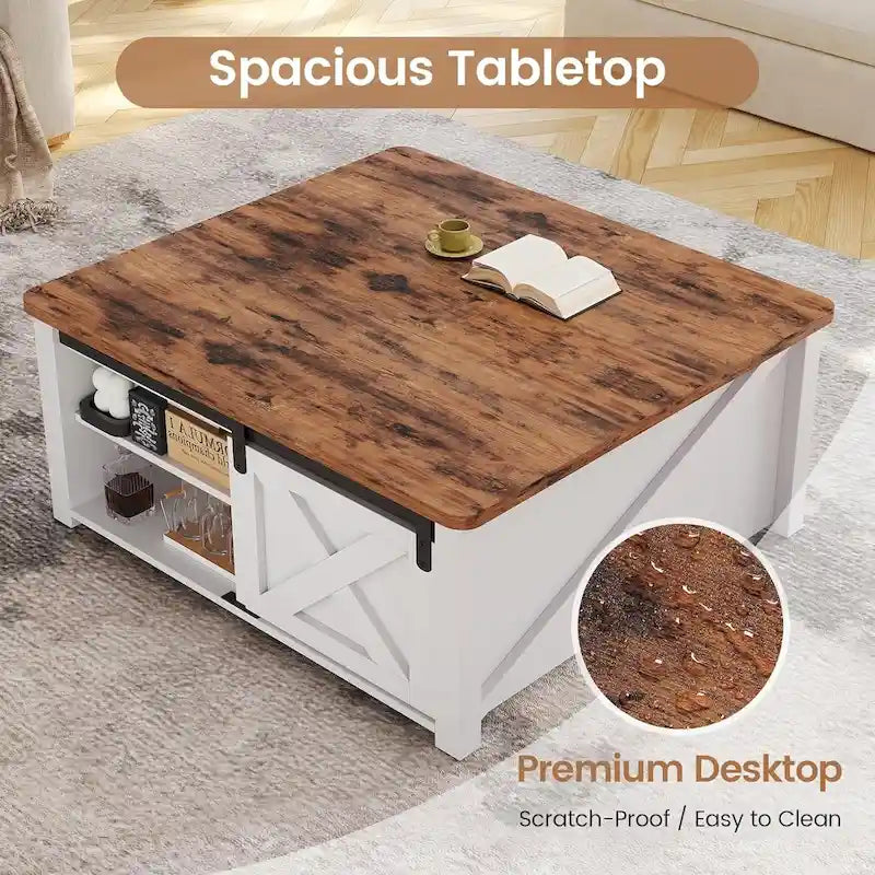 Couchtisch mit hebbarer Tischplatte, quadratischer Mitteltisch mit Scheunentür und Ablagefach