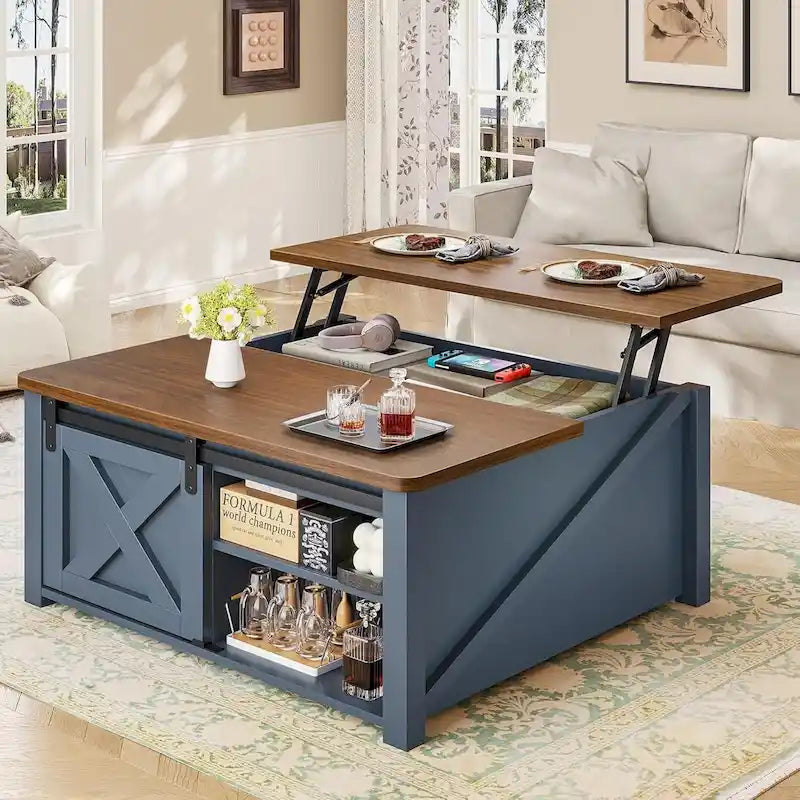 Couchtisch mit hebbarer Tischplatte, quadratischer Mitteltisch mit Scheunentür und Ablagefach