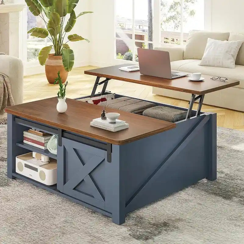 Couchtisch mit hebbarer Tischplatte, quadratischer Mitteltisch mit Scheunentür und Ablagefach
