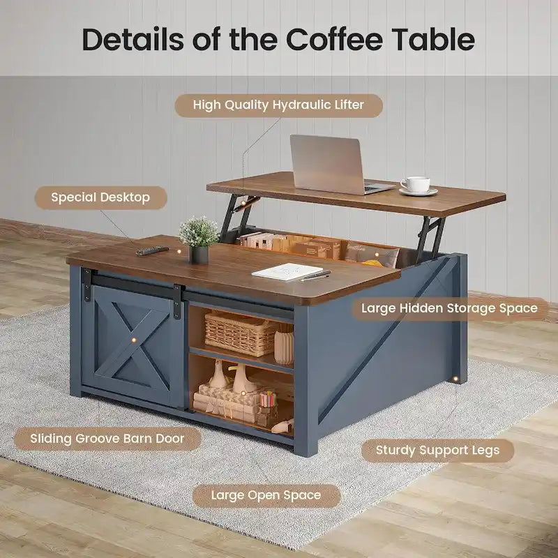 Couchtisch mit hebbarer Tischplatte, quadratischer Mitteltisch mit Scheunentür und Ablagefach