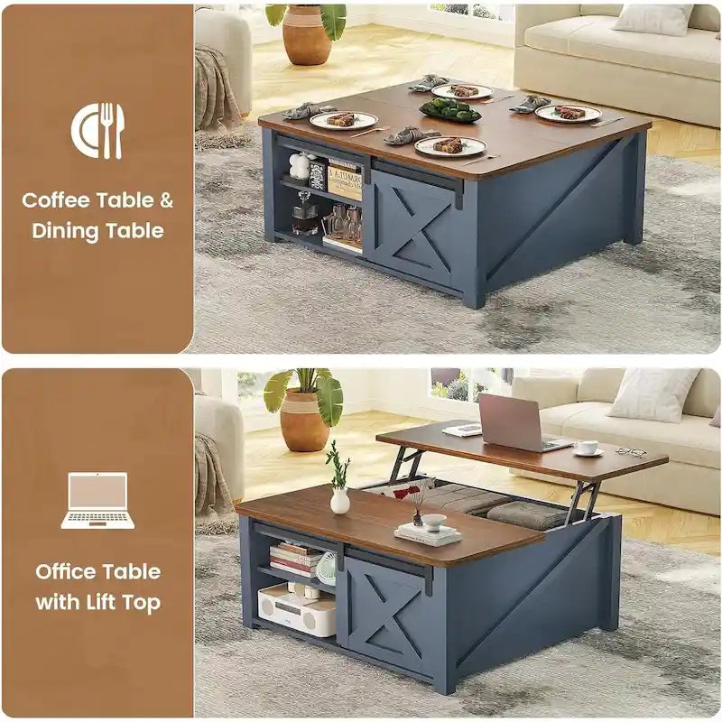 Couchtisch mit hebbarer Tischplatte, quadratischer Mitteltisch mit Scheunentür und Ablagefach