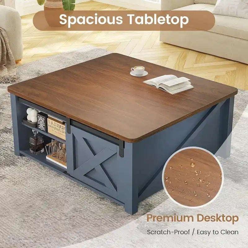 Couchtisch mit hebbarer Tischplatte, quadratischer Mitteltisch mit Scheunentür und Ablagefach