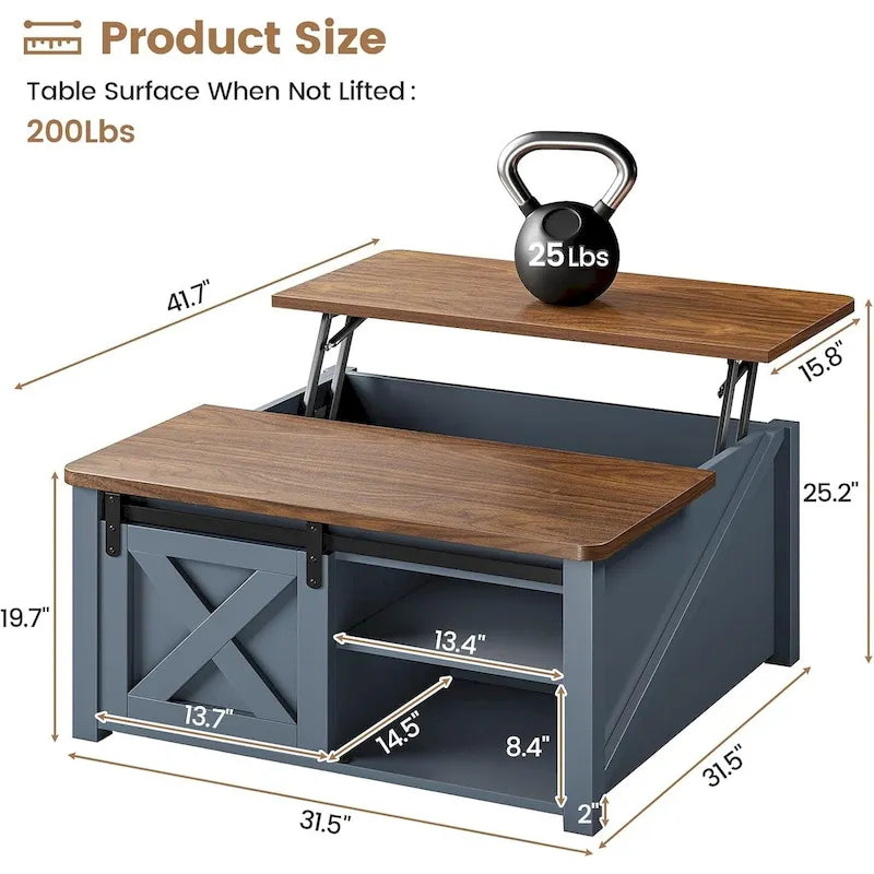 Couchtisch mit hebbarer Tischplatte, quadratischer Mitteltisch mit Scheunentür und Ablagefach