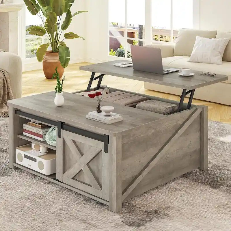 Couchtisch mit hebbarer Tischplatte, quadratischer Mitteltisch mit Scheunentür und Ablagefach