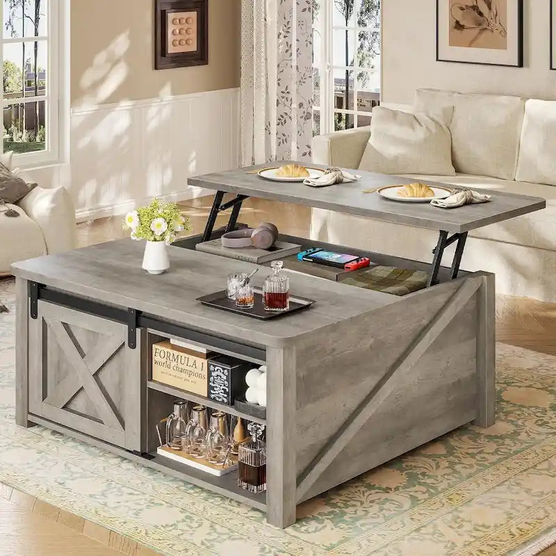 Couchtisch mit hebbarer Tischplatte, quadratischer Mitteltisch mit Scheunentür und Ablagefach