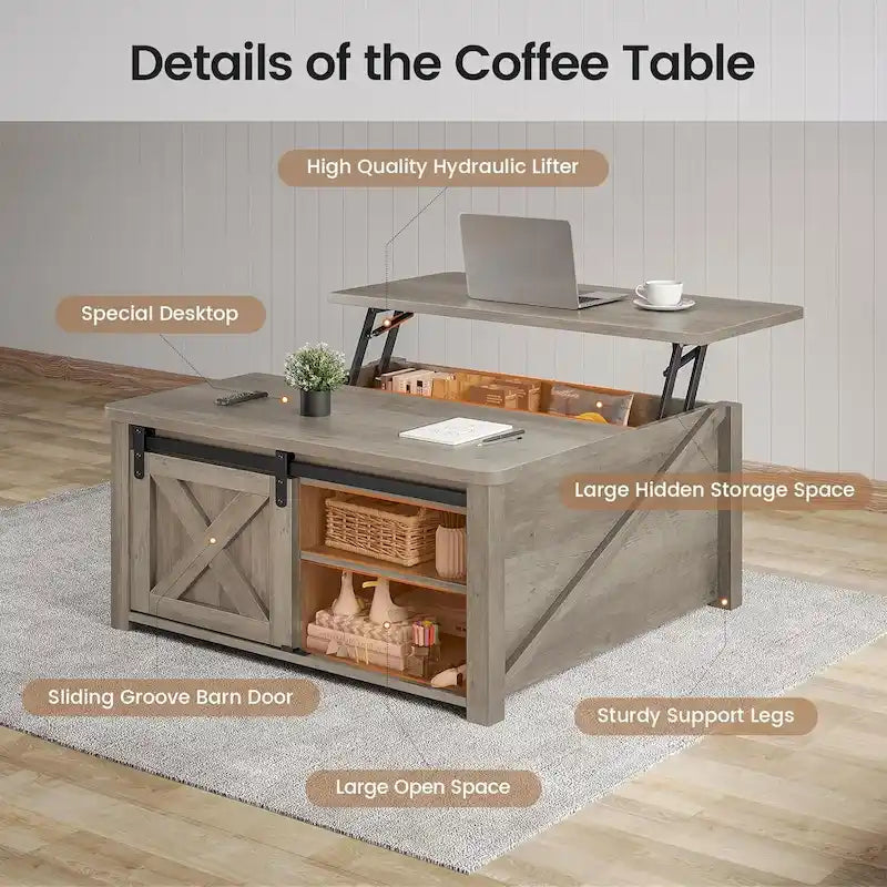 Couchtisch mit hebbarer Tischplatte, quadratischer Mitteltisch mit Scheunentür und Ablagefach