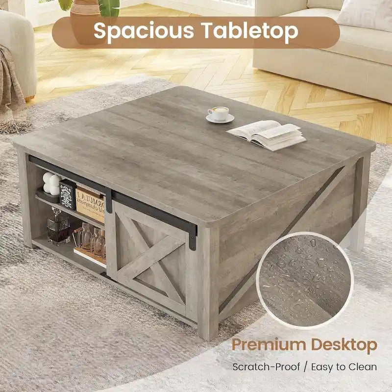 Couchtisch mit hebbarer Tischplatte, quadratischer Mitteltisch mit Scheunentür und Ablagefach