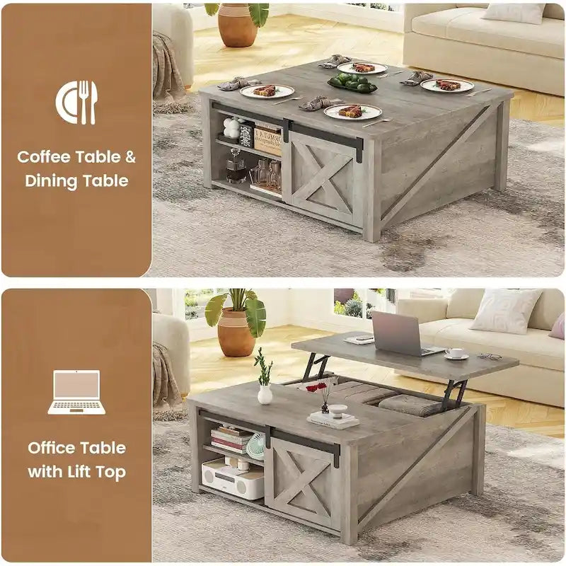 Couchtisch mit hebbarer Tischplatte, quadratischer Mitteltisch mit Scheunentür und Ablagefach
