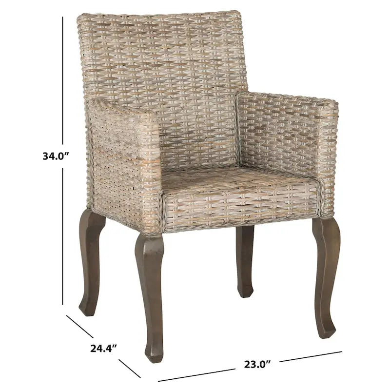 Sedia da pranzo in rattan naturale/bianco lavato con braccioli, set da 2