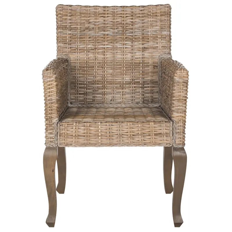 Sedia da pranzo in rattan naturale/bianco lavato con braccioli, set da 2