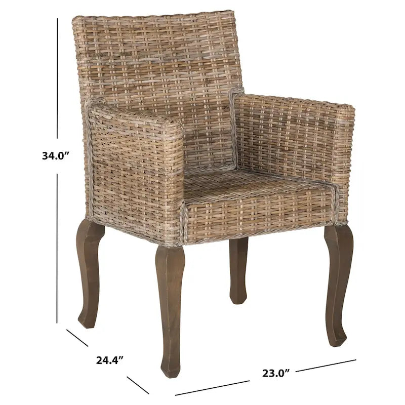 Sedia da pranzo in rattan naturale/bianco lavato con braccioli, set da 2