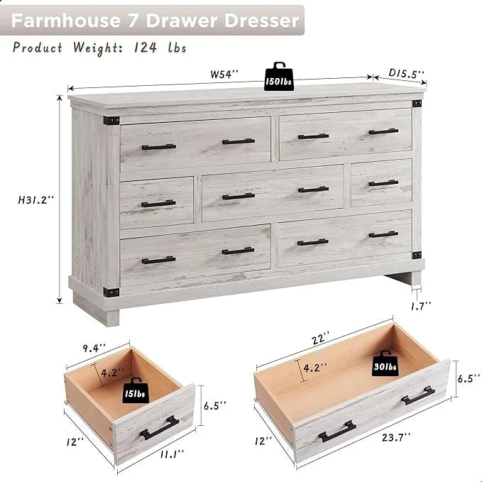 Kommode im Landhausstil mit 7 Schubladen, Holzschubladenschrank, Kleiderschrankkommode