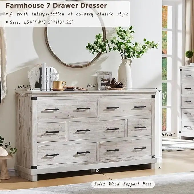 Ladekast in farmhouse-stijl met 7 laden, houten commode, kledingkastcommode