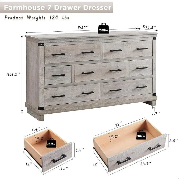 Kommode im Landhausstil mit 7 Schubladen, Holzschubladenschrank, Kleiderschrankkommode