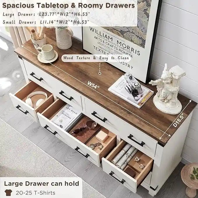 Kommode im Landhausstil mit 7 Schubladen, Holzschubladenschrank, Kleiderschrankkommode
