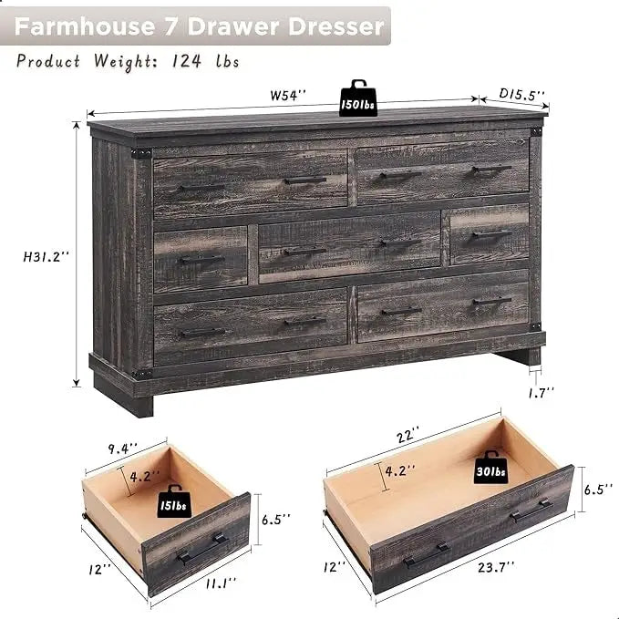 Kommode im Landhausstil mit 7 Schubladen, Holzschubladenschrank, Kleiderschrankkommode